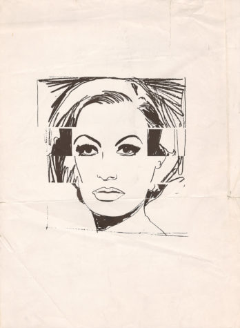 Drawing of selections of women's faces (eyes, hair, lips, nose) cut in horizontal strips and taped together to form a complete face.