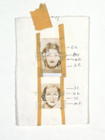 Drawing of selections of women's faces (eyes, hair, lips, nose) cut in horizontal strips and taped together to form a complete face. Two of these composite faces are on one white page, aligned vertically.