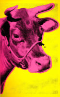 A screenprint of a cow by Andy Warhol. The cow is painted pink and the background is painted yellow.