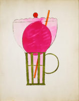 Painting of ice cream that is pink in color in an old soda fountain glass. The painting of the glass has a green handle and green lines on the bottom half of the glass. The top half of the glass is wider than the bottom and the pink ice cream has a red dot on the top as well as an orange straw that goes all the way through the ice cream from the top to nearly the bottom of the glass.
