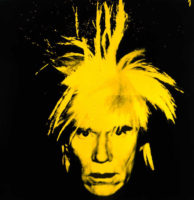A screen print of Andy Warhol's face looking at the camera on a black background. His face is painted yellow and his hair is sticking up in the middle and out on the sides.