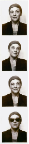 Four black and white photographs of a woman with short, dark hair wearing a blazer arranged vertically.