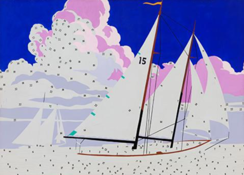 A painting of two sailboats on the water against a background of large, fluffy clouds. The image is divided into numbered sections, only some of which have been filled in. The sky is deep blue and the clouds cotton-candy pink, but most of the image remains uncolored.