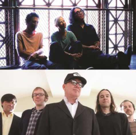 The top photograph in this composite image depicts three people leaning against a window with decorative iron grating that fills the frame with light. The bottom image depicts five band members dressed in black suits, one of whom is also wearing a black and white baseball cap.