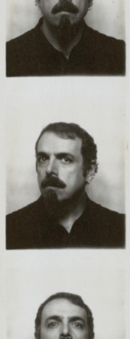 A strip of black and white photographs of a man with short black hair, a mustache, and a goatee.