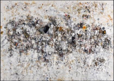 An abstract piece by artist Michael Chow which features a multitude of colors splattered across the center of an off-white canvas. The predominant color in the mix is gray, but there are also reds, oranges, whites, and black.
