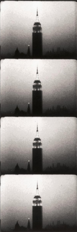 A vertical column of four black and white photographs of the Empire State Building in New York City.