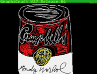 A digital piece depicting Andy Warhol’s signature Campbell’s soup can against a black background. The top of the can features the name Campbells in white, hand drawn cursive script. The top half of the can has been filled in with red lines, but the black of the background peaks through. The bottom of the can is solid white with Andy Warhol’s signature in black, and a gold and white medallion is centered between the red and white color blocks. At the top of the image, a green bar that reads GraphiCraft V27 Release 6 identifies the software with which the image was created.