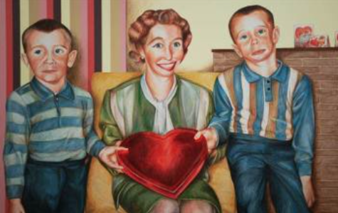 A painting of two young boys standing on either side of a seated woman in a green dress who is holding a red valentine's heart.