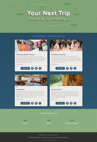 A screen capture of a website featuring the Andy Warhol Museum, The Mattress Factory, Fallingwater, and Kentucky Knob.