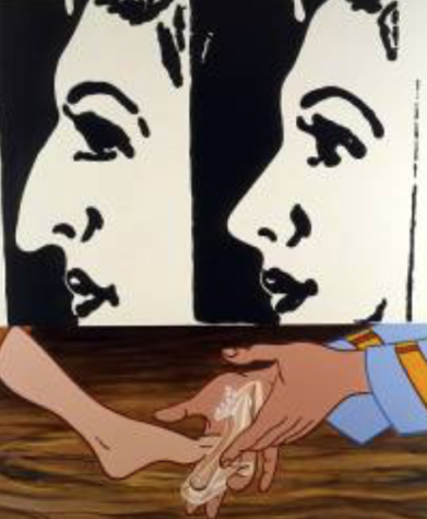 Two black and white screen prints of a woman in profile, the left having a hooked nose and the right being "corrected," appear above a still from the Disney film Cinderella in which the glass slipper is placed on Cinderella's foot.