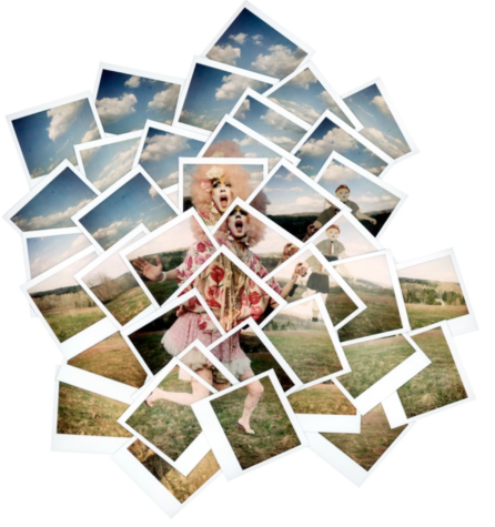 A pile of overlapping polaroid pictures which, together, reveal an image of a man dressed as a clown against a bright blue sky.
