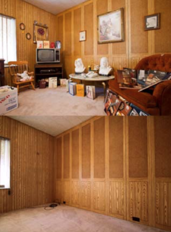 A composite image featuring two shots of a wood paneled room. In the top image, it is full of furniture and other items. In the bottom, it is empty.