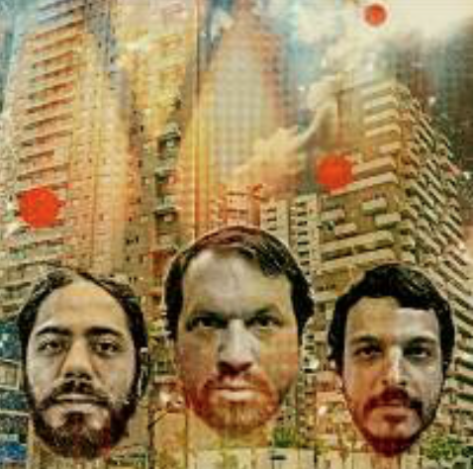 A piece of promotional artwork for Sao Paulo Underground featuring three men's bearded faces overlaid on a washed out image of city buildings