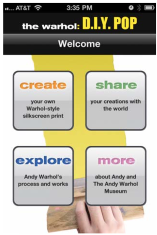 A screen grab from the DIY Pop app which shows the main menu options-- create, share, explore, and more-- over an image of a hand dragging yellow ink across the screen with a squeegee.