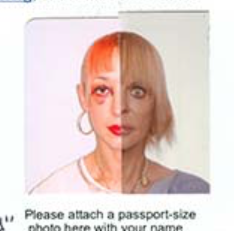 Two halves of passport style portraits joined together on a white page. On the left features an individual in a white shirt with gold earrings, bright orange hair, orange eye makeup, and red lips. On the right is an individual with a lavender sweater, short blonde hair, and a more natural makeup look.