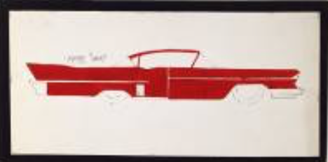 A line drawing of an old red car.