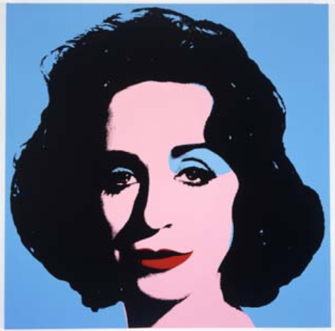 A screen printed portrait of a woman with thick black hair, red lips, and blue eyeshadow on a blue background.