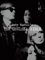 The cover of "Andy Warhol's The Chelsea Girls" book. The cover has a black and white image of Andy Warhol in dark sunglasses. To his left is a woman with dark hair. In front of him is a woman with dark hair and a blonde haired woman. They are all looking off to the right. "Andy Warhol's Chelsea Girls" is printed overtop of the photo.