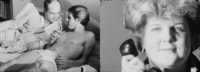 Film stills side-by-side. The film still on the left is a black and white of two men laying next to each other on a couch. One is wearing a white robe and the other is wearing white underwear. The film still on the right is a black and white of a woman with light hair, looking at the camera, and holding a telephone receiver towards her ear.