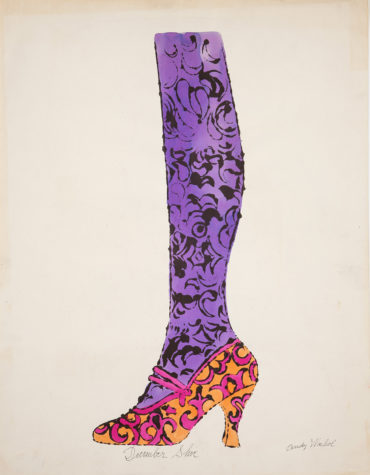 A watercolor painting of a leg from the knee down that is purple in color with designs painted in black. The foot of the leg is in a high heel shoe that is yellow with pink designs on it and a pink strap on the top. "December Shoe" is written in cursive writing below the shoe and Andy Warhol's signature is in the bottom-right corner.