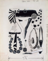 This black-and-white ink drawing features a number of fashion accessories—such as high-heel shoes, necklaces, gloves, earrings, and a clutch purse—arranged in an aesthetically pleasing composition. Graphite markings indicate the artist’s or an editor’s notes, such as “7 ¾ inches.”