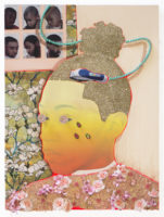 A mixed media artwork depicting a man who is looking off to the left. His eyes are made of flowers and he has jewel tears running down his face. His hair is replaced with glitter and there is a razor going over that area. There are pink flowers around his chest area and other pink flowers in the background. There are also six photographs of men in the background.