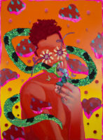 A mixed media artwork of a man painted in red with a spotted, green snake wrapped around him. The snake's mouth is open, exposing its fangs. It appears to be trying to eat butterflies that have landed on the man's hand. The background is a gradient of orange to yellow from top to bottom and there are other red shapes and teardrops also in the background.