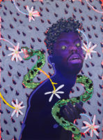 A mixed media artwork of a purple man with a black mustache. He has a spotted, green snake wrapped around him. The snake has his mouth open, exposing his fangs. The background is light purple with dark purple drops all over. There are also flowers throughout the background and one over the man's shoulder area.
