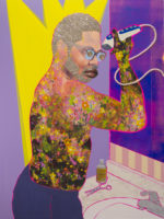 A mixed media artwork of a man standing in front of a sink, holding an electric shaver to his head. He is wearing blue pants. His chest and arms are exposed, but are covered in painted flowers. He is wearing glasses and has gold hair, including a gold mustache and beard.
