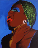 A screenprint of a drag queen wearing a green scarf over her head. She is wearing a black shirt and large, round earrings. The background is blue.