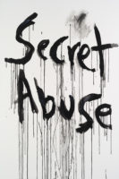 A painting of the words "Secret Abuse" in black paint on a white canvas.