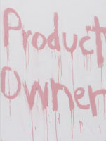 A painting of the words "Product Owner" in pink paint on a white canvas.