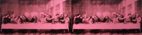 Screen print of two Leonardo da Vinci’s “The Last Supper” side by side in pink and black.
