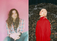 The left photo is a person with long, brown hair, wearing a flannel shirt and jeans, sitting against a pink wall. The right photo is a person with blond hair wearing a red shirt standing in front of a black wall with a large mound of rocks in front of it.