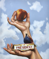 A painting of two hands with a sky with clouds in the background. One hand is holding a peach. The other hand, below it, is holding something rectangular in shape with a label that says "President" on it with a piece of fruit on top of it.