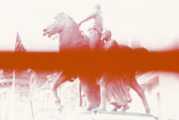A red line going across the picture of a statue depicting a man riding a horse with another man standing next to it.