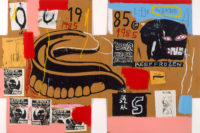 A collage painting on a canvas with many colors, with many small various screenprints on it and a large painting of dentures in black paint.
