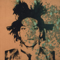 A screenprint of Jean-Michel Basquiat in black on a canvas that has oxidation on it.