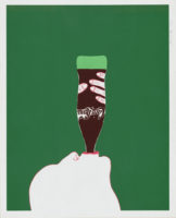 Painting of a silhouette of a person's face in white paint at the bottom with a Coke-a-Cola bottle in the mouth as if they are drinking it. There are fingers painted in white on the bottle. This is all on a green background.