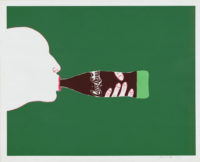 Painting of a silhouette of a person's face in white paint at the bottom with a Coke-a-Cola bottle in the mouth as if they are drinking it. There are fingers painted in white on the bottle. This is all on a green background.