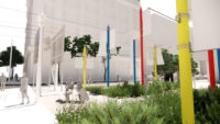 Rendering of an outdoor sculpture area with plants and various sculptures.
