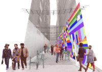 Rendering of an alleyway with a color mural on the wall, lights across the top of the alley and a silver wall across from the mural.
