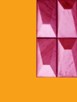 A painting on a yellow background with four, pink blocks that appear to be three-dimensional in the top, right corner.