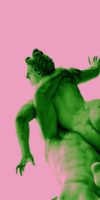 Photograph of a sculpture of the back of a person overlayed in green on a pink background.