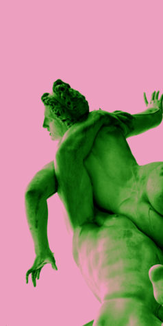 Photograph of a sculpture of the back of a person overlayed in green on a pink background.