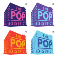 Four "The Pop District" logos in different bright colors. They are an image of the outside of the museum with "The Pop District" on the side of the building.