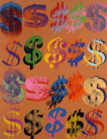 A painting consisting of a burnt sienna background and illustrations of dollar signs. There are 20 illustrations total, arranged in four rows of five. Each dollar sign is rendered in varying colors, from bright blues and oranges to deep purples and reds. It appears as if the dollar signs were first screen printed with opaque silhouettes, and then overlaid with a dollar sign template that appears more painterly, as if sketched with colored pencils.