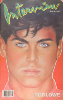Front cover of Interview magazine that has a color artwork of a closeup of Rob Lowe on an orange background. He has short, dark hair and blue eyes and is looking forward. Overlaid on the artwork it says, "Interview" in green with "Interview" in yellow as a drop shadow and "May $2.00" in white underneath. At the bottom, right, it says "Rob Lowe" in all capital letters in white. There is a UPC symbol a the bottom left corner.