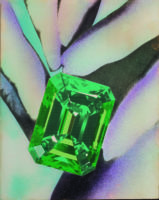 Collage artwork of a green see-through jewel that appears to be surrounded by finger-like objects.